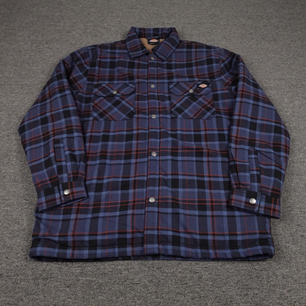 Dickies Jacket Mens Large Blue Plaid Sherpa Lined Flannel Snap Front Insulated
